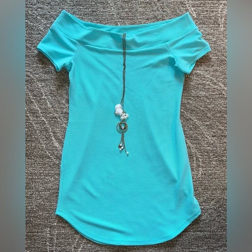 Casual Off The Shoulder Dress Size XL Necklace Textured Turquoise Mini Spring